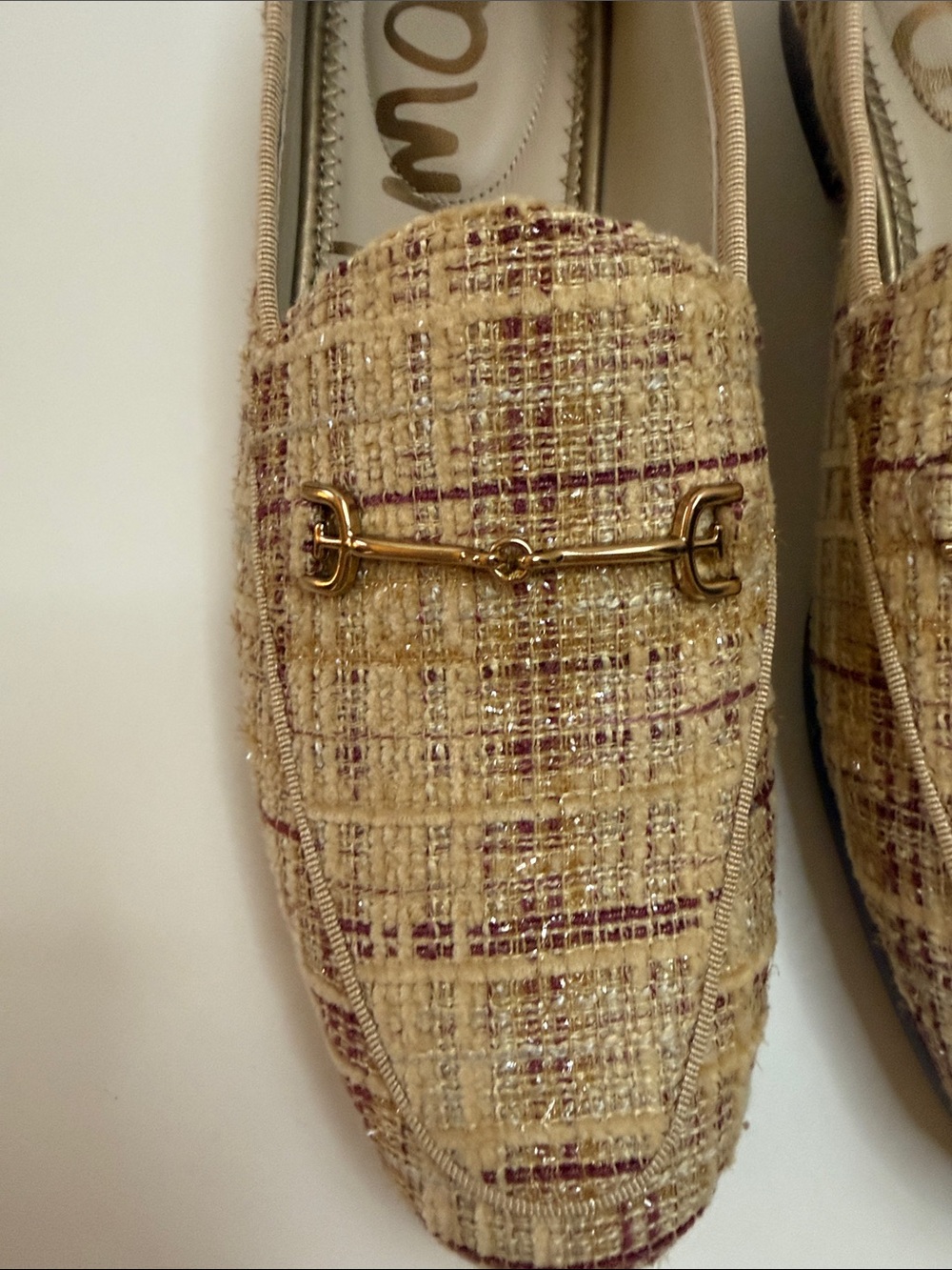 NIB Sam Edelman Tweed Loafers Size 7.5 Gold Accent Textured Plaid Flats - Picture 6 of 10